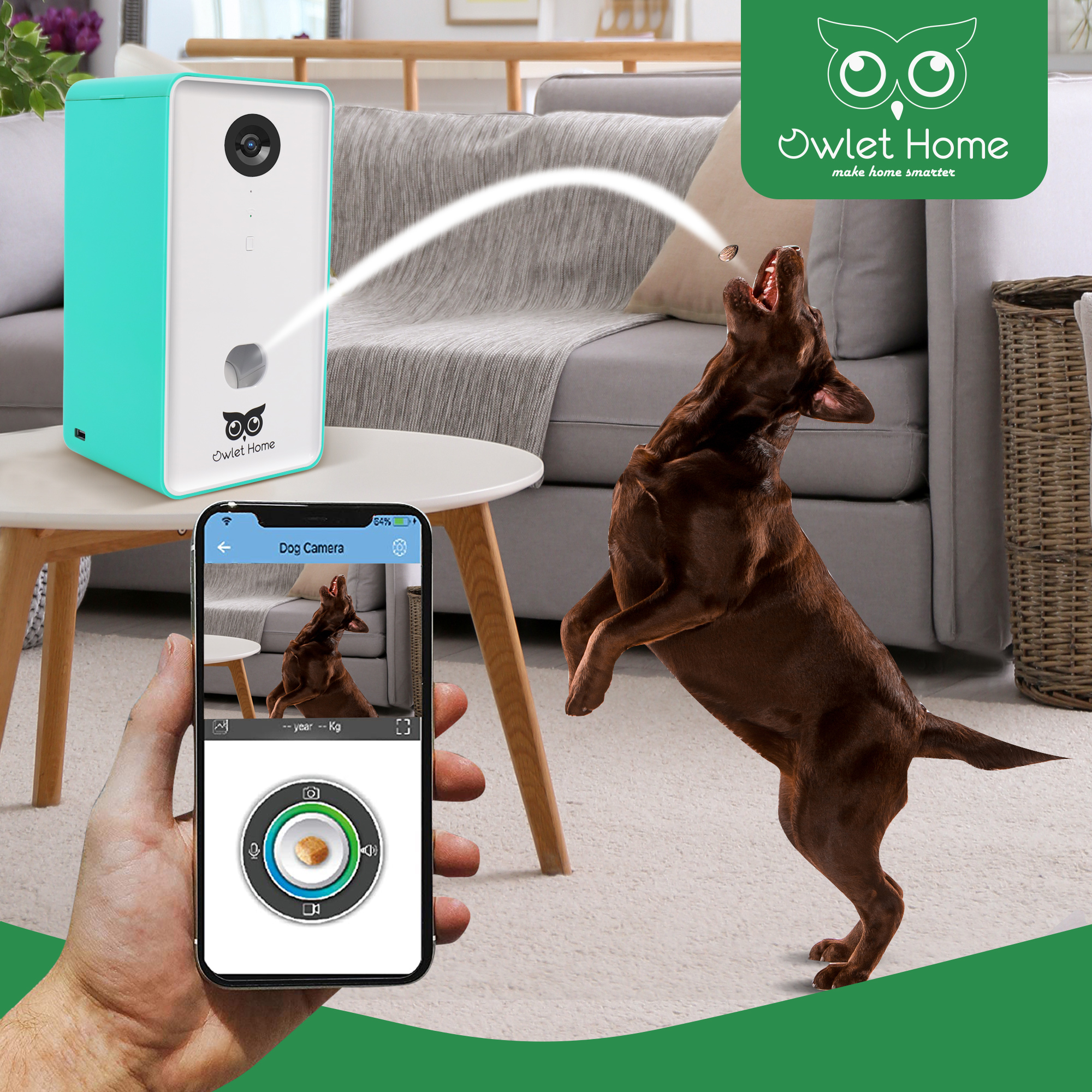 Owlet Home Smart Dog Camera with treat tossing(BLACK), WiFi connecting(2.4G  & 5G), 1080p HD Camera, Live Video Streaming, Auto Night Vision, 2-Way